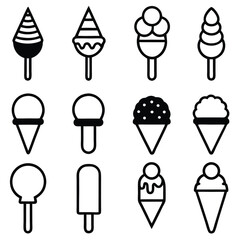 Set of Ice Cream Icons in Black Silhouette Design