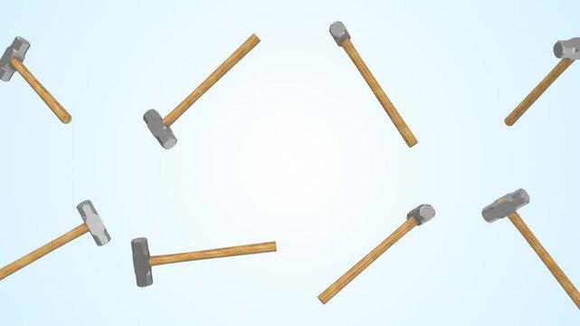 Sledgehammers Falling on a Light Blue Background. Sledge Hammer 3D Animation. 4K