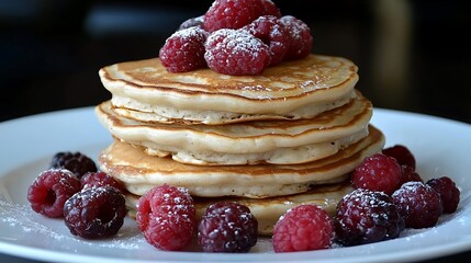 Stacked pancakes topped with fresh raspberries and powdered sugar.