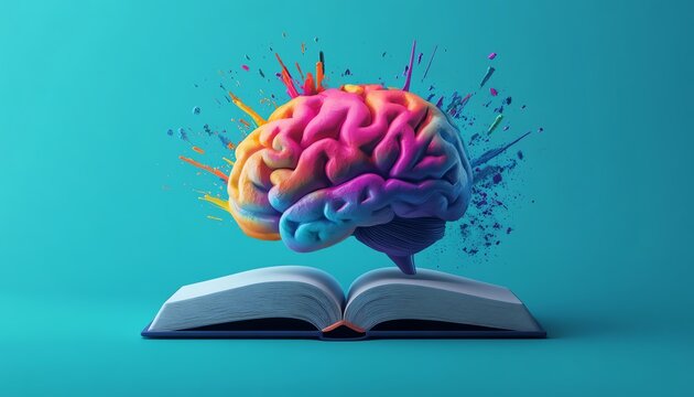 Colorful brain exploding from open book. Creativity concept.