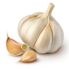 Garlic, whole bulb with papery skin, a few loose cloves beside it, hyper-realistic, ultra-detailed texture, studio lighting, high-resolution product photography 
