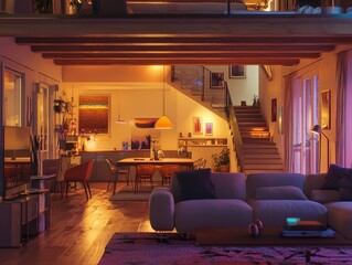 Fototapeta premium Warm and inviting living space with open floor plan, cozy sofa, dining area, and staircase leading to upper level. Tranquil ambiance.