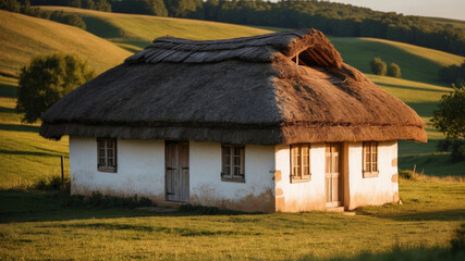 Charming thatched-roof cottage nestled in a sun-drenched meadow, exuding rustic tranquility.