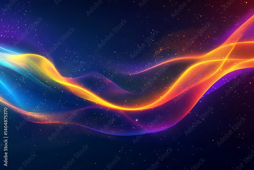 Poster abstract flowing energy waves with particles on dark blue background design