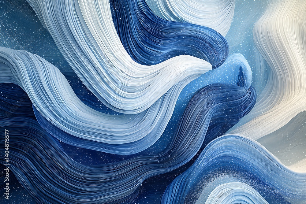 Poster abstract flowing white and blue lines with sparkles on dark blue background