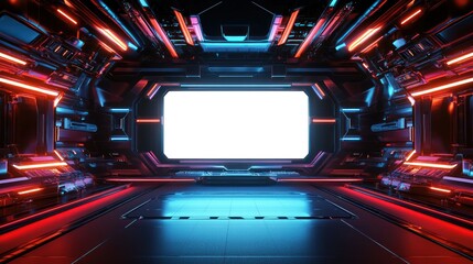 Obraz premium Neon Lights Futuristic Spaceship Corridor