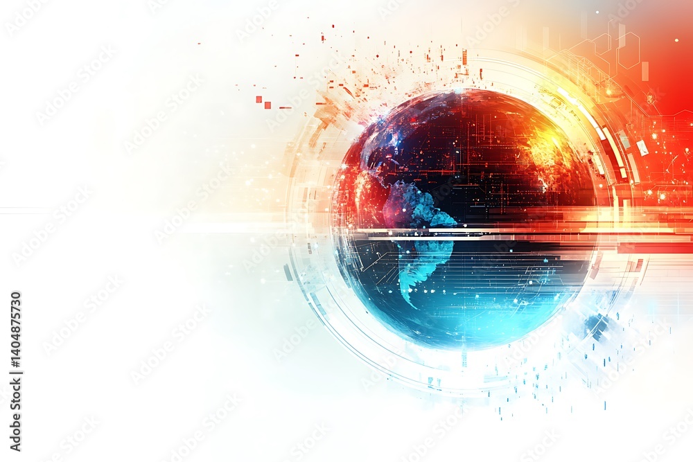 Poster Abstract Globe with Data Circuitry on White Background in Red and Blue Tones