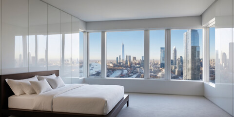 A luxurious bedroom with a breathtaking view of the city's stunning skyline.