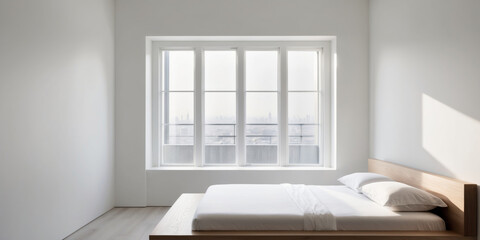 Fototapeta premium A serene minimalist bedroom design featuring a wooden bed and a cityscape view through a large window.