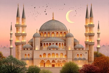 Fototapeta premium A soft watercolor painting of the temple at sunset with delicate sky tones and golden domes glowing