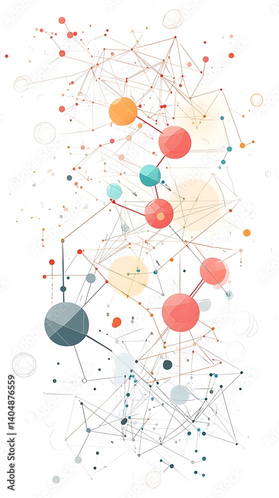 Poster abstract network of connected spheres and lines on white background in vivid colors