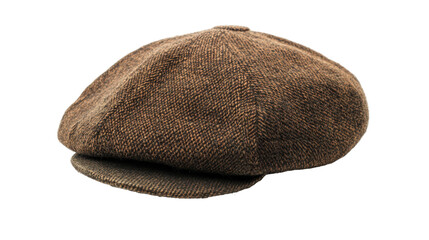 A classic brown tweed flat cap resting on a reflective surface, highlighting its texture and design against a neutral background
