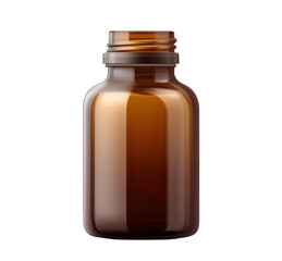 A clear amber glass bottle stands upright against a plain background, showcasing its smooth design and reflective surface