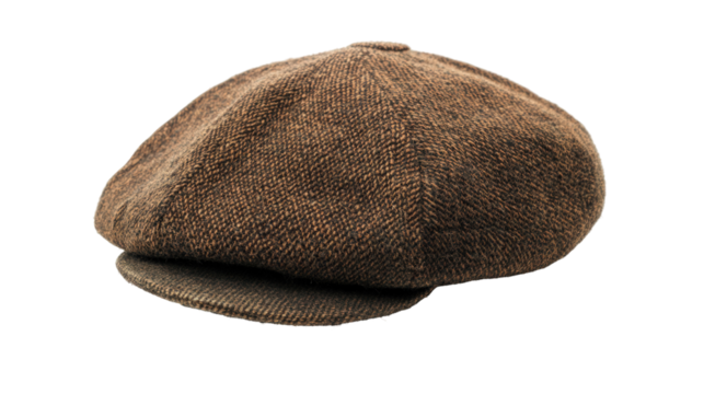 A classic brown tweed flat cap resting on a reflective surface, highlighting its texture and design against a neutral background