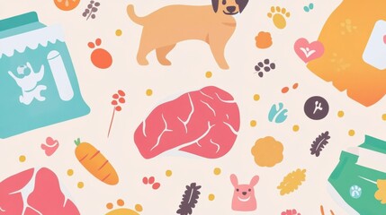 Fototapeta premium Pet food packaging illustration featuring fresh ingredients and a happy pet in colorful style