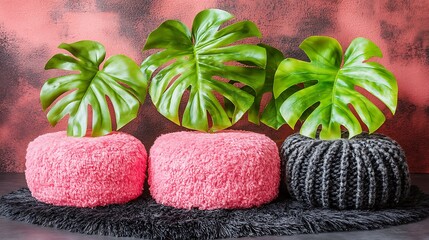 Three textured poufs accented with lush monstera leaves.