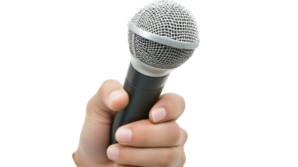 A close-up of a hand holding a microphone, ready for a performance or speech, with a blurred stage background