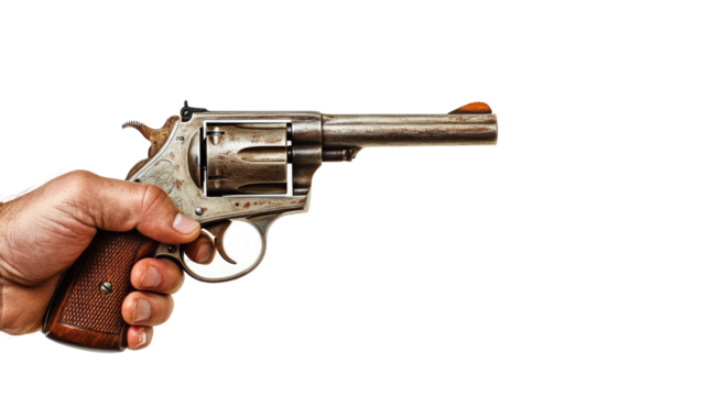 A close-up of a hand gripping a vintage revolver, showcasing its intricate details against a plain background, ideal for historical themes