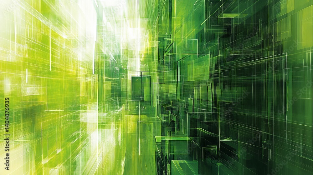 Poster abstract green geometric structures with light and perspective creating depth and dimension