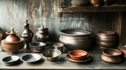 Collection of vintage clay cookware on wooden shelves