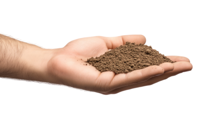 A close-up of a human hand holding a mound of soil, symbolizing gardening or agriculture, with a blurred natural background