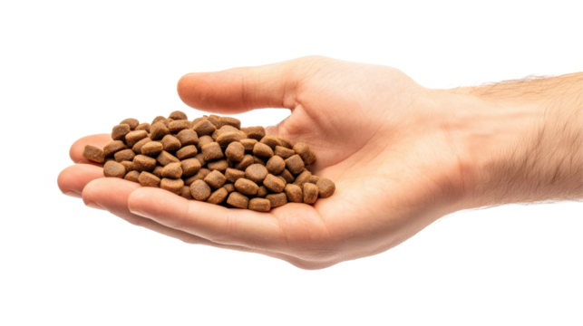 A close-up of a human hand holding a handful of brown pellets, showcasing texture and detail, ideal for food or product advertising