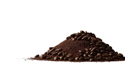A close-up view of a mound of freshly ground coffee with whole beans, highlighting rich textures and earthy tones