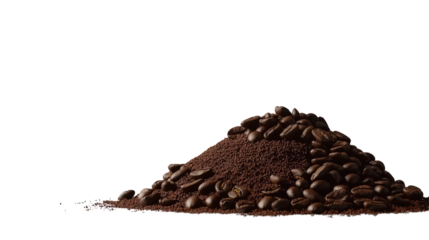 A close-up view of a mound of freshly ground coffee with whole beans, highlighting rich textures and earthy tones