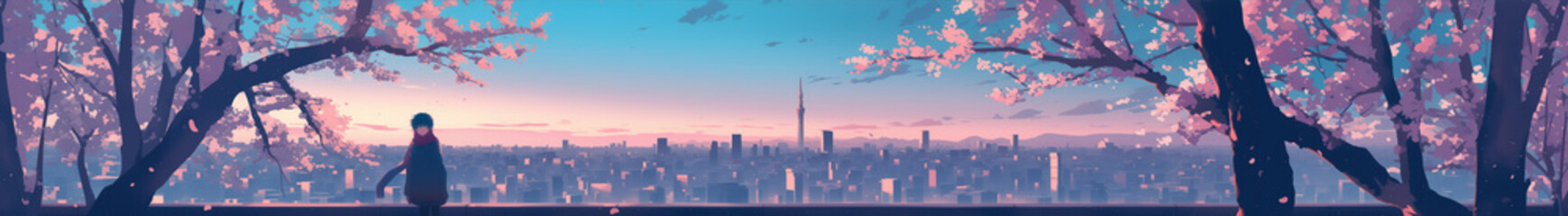 Fototapeta premium Big city urban skyline from between two cherry blossom trees panoramic view illustration