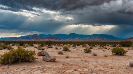 Sunlight breaks through the stormy clouds over a vast, arid desert landscape with mountains.