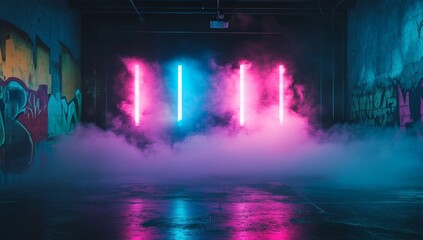 Neon-lit urban warehouse interior with graffiti and fog