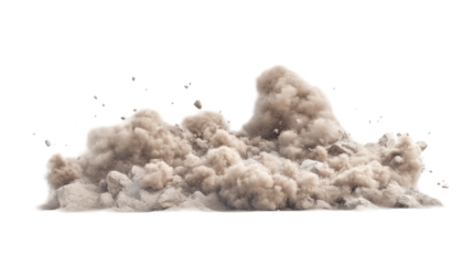 A dramatic explosion of dust and debris rises into the air, capturing the intensity of a construction site in action