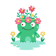 Fototapeta premium Cute green creature with a floral crown smiling in a pond for nature-themed illustration concept