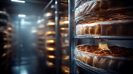Frozen baked goods stored on metal shelving in a cold storage facility.
