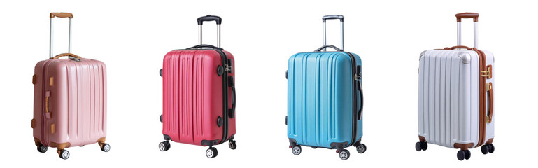 Four colorful suitcases with wheels and handles are isolated on transparency background.on transparent cutout, PNG file