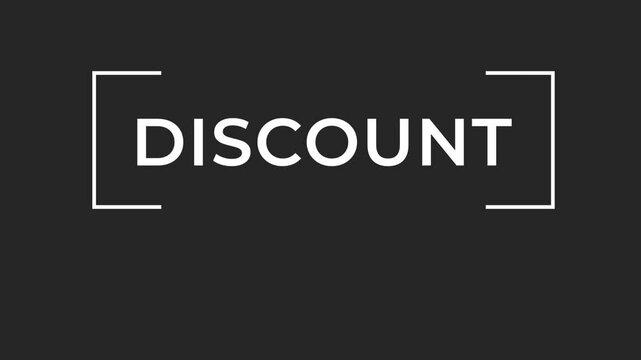 White discount word materializing within white frame against black background, gradually forming from fragmented typography with clean, minimal design aesthetic, conceptual modern stylish minimalistic