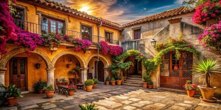 Spanish Courtyard Oasis: A vibrant courtyard in Spain, adorned with blooming bougainvillea and lush greenery, invites with its charming architecture and tranquil atmosphere under a warm sunset sky.