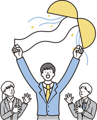 くす玉と合格して喜ぶ男子高校生と女性と男性の先生のシンプルなイラスト素材