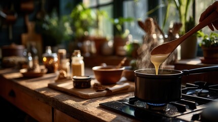 Peaceful cooking preparation in sunlit home kitchen
