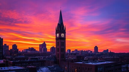 Fototapeta premium A church clock tower rises above the urban skyline at sunset. Use for travel, religious, or architectural projects and designs.