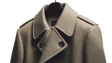 A stylish beige overcoat hanging on a wooden hanger, showcasing its elegant design against a minimalist background
