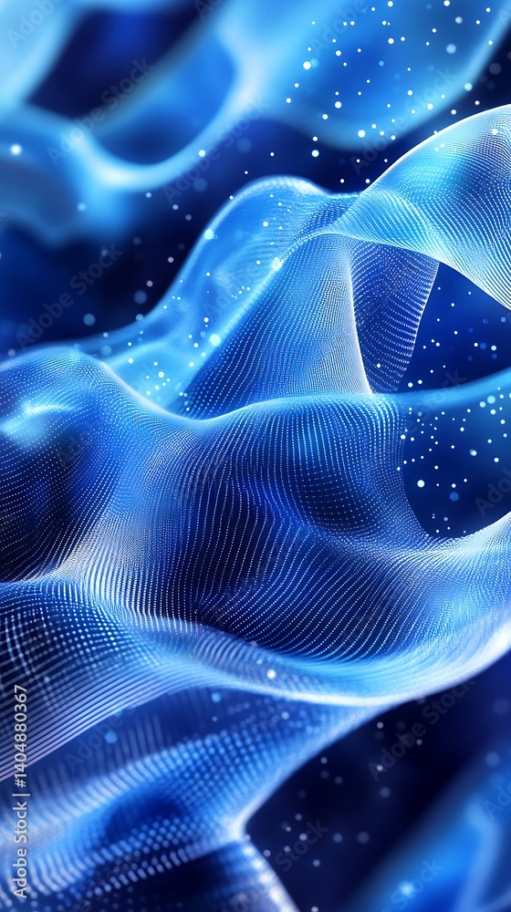 Poster Dotted Mesh Fabric Wavy in Blue, Abstract Flowing Particle Net, Light Sparkles