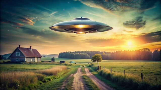 Extraterrestrial Arrival: A captivating view of an unidentified flying object hovering over a rural landscape. Captured amidst a sunset.