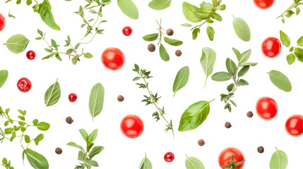 Fototapeta premium A vibrant arrangement of fresh herbs and cherry tomatoes scattered on a black background, ideal for culinary use