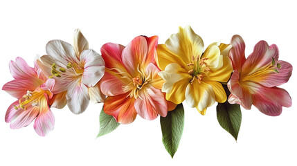 Fototapeta premium A vibrant arrangement of pink and yellow flowers in full bloom, set against a neutral background, perfect for spring themes