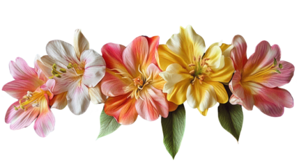 A vibrant arrangement of pink and yellow flowers in full bloom, set against a neutral background, perfect for spring themes