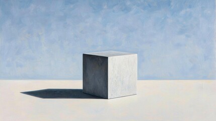 A minimalist painting of a gray cube on a white surface against a blue background.