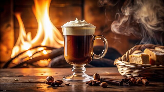 Cozy Coffee Bliss: A steaming mug of rich, dark coffee, topped with a cloud of whipped cream, is nestled before a warm, inviting fireplace, creating a scene of ultimate comfort and relaxation. 