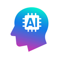Human head tech icon, AI chip technological brain, Artificial intelligence, Simple flat design symbol, Isolated on white background, Vector illustration