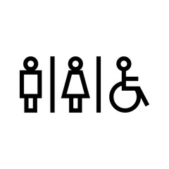 WC room signage, Man, woman and disabled icon, Toilet and bathroom sign, Simple line design, Vector illustration